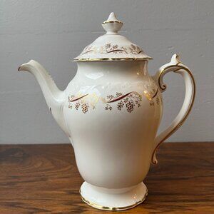 Vintage Coalport Bone China "Burgundy" Pattern Coffee Pot & Lid Gold Trim Grapes